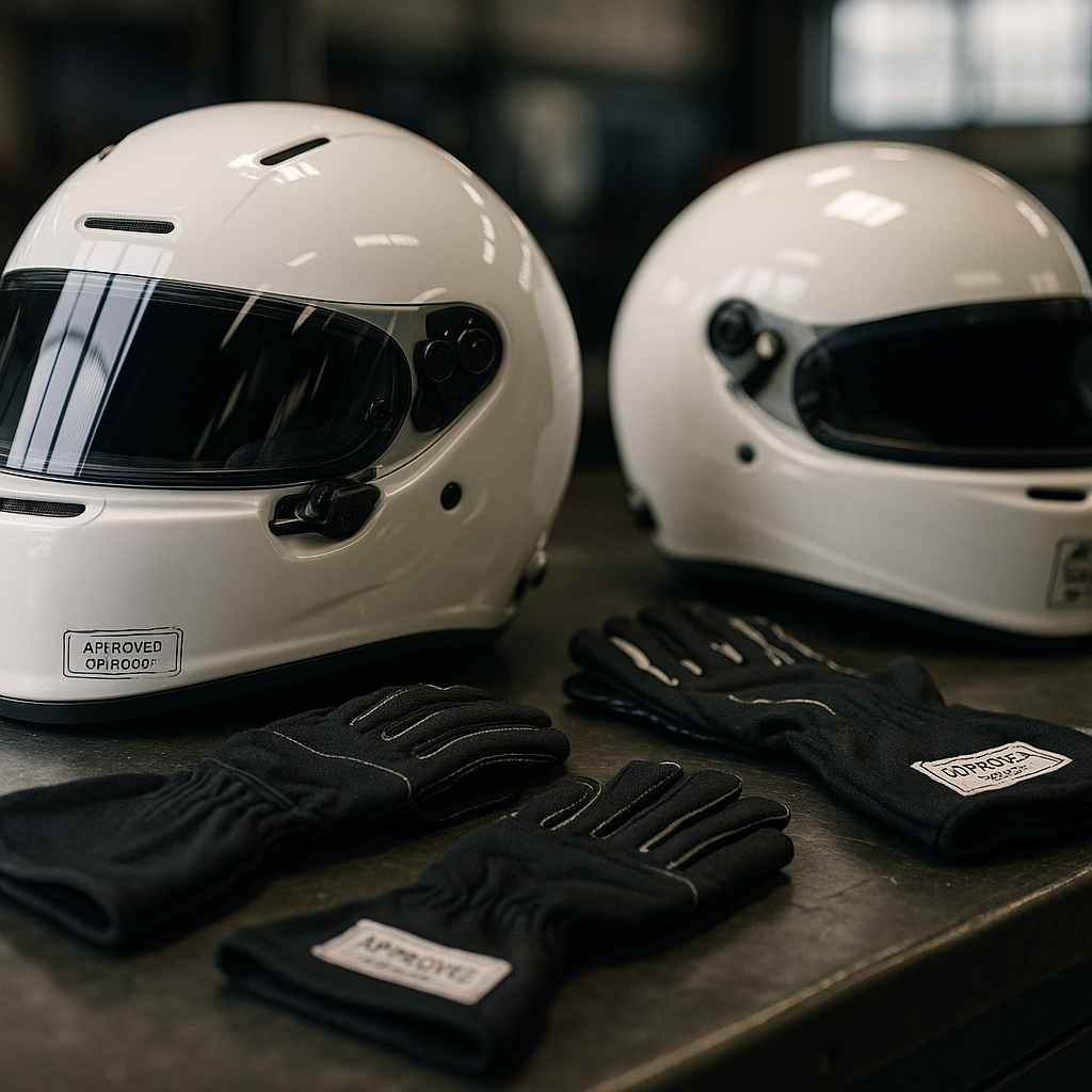 Selection of track gear inspected to meet motorsport safety standards on a workbench in a <a href=