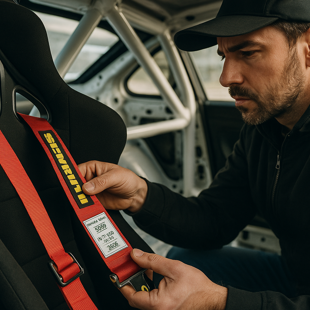 Scrutineer examining a race car interior to verify compliance with motorsport safety standards.