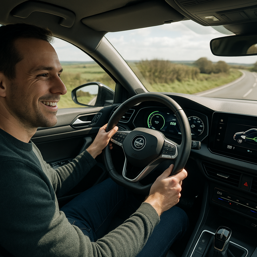Driver enjoying the cabin of one of the best hybrid hot hatches on a UK B-road