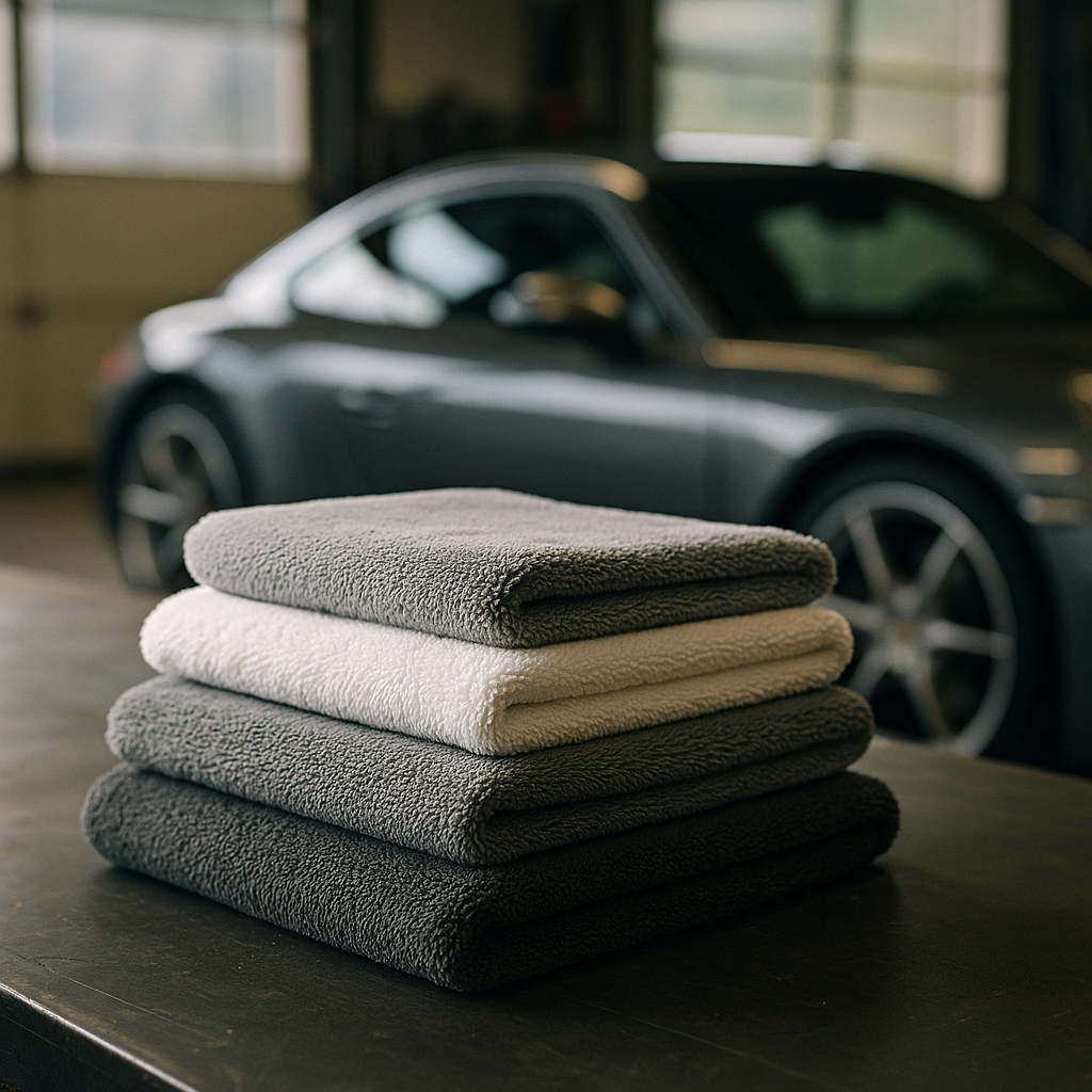 Stacked towels illustrating what is GSM in car detailing with a coupe in the background