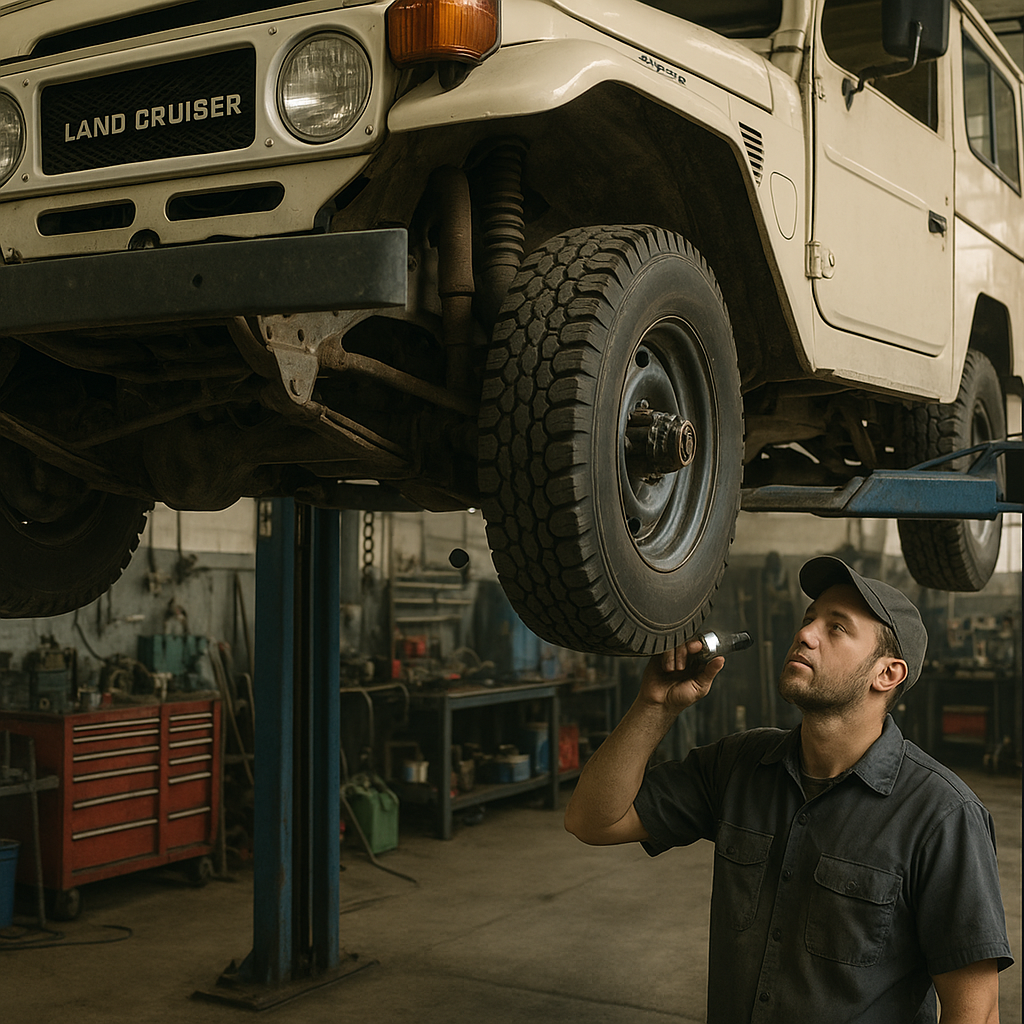 Mechanic inspecting the chassis of a classic Toyota Land Cruiser in a workshop