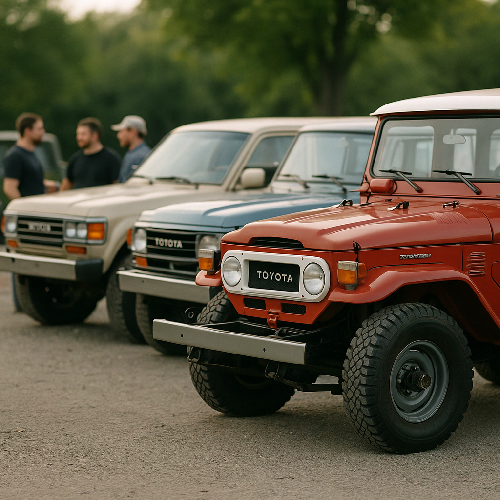 Lineup of different generations of classic Toyota Land Cruiser at a car meet