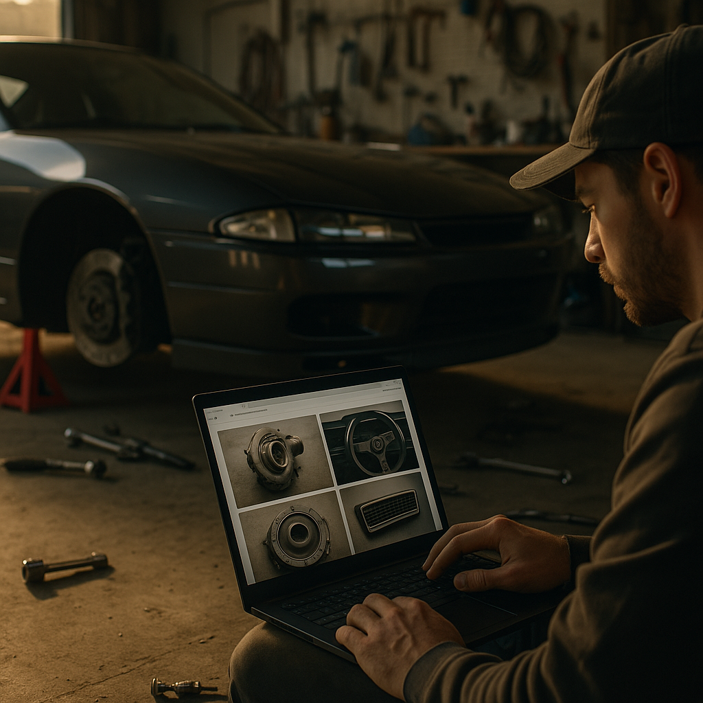 Car enthusiast searching online for rare car parts next to a performance project car in a garage