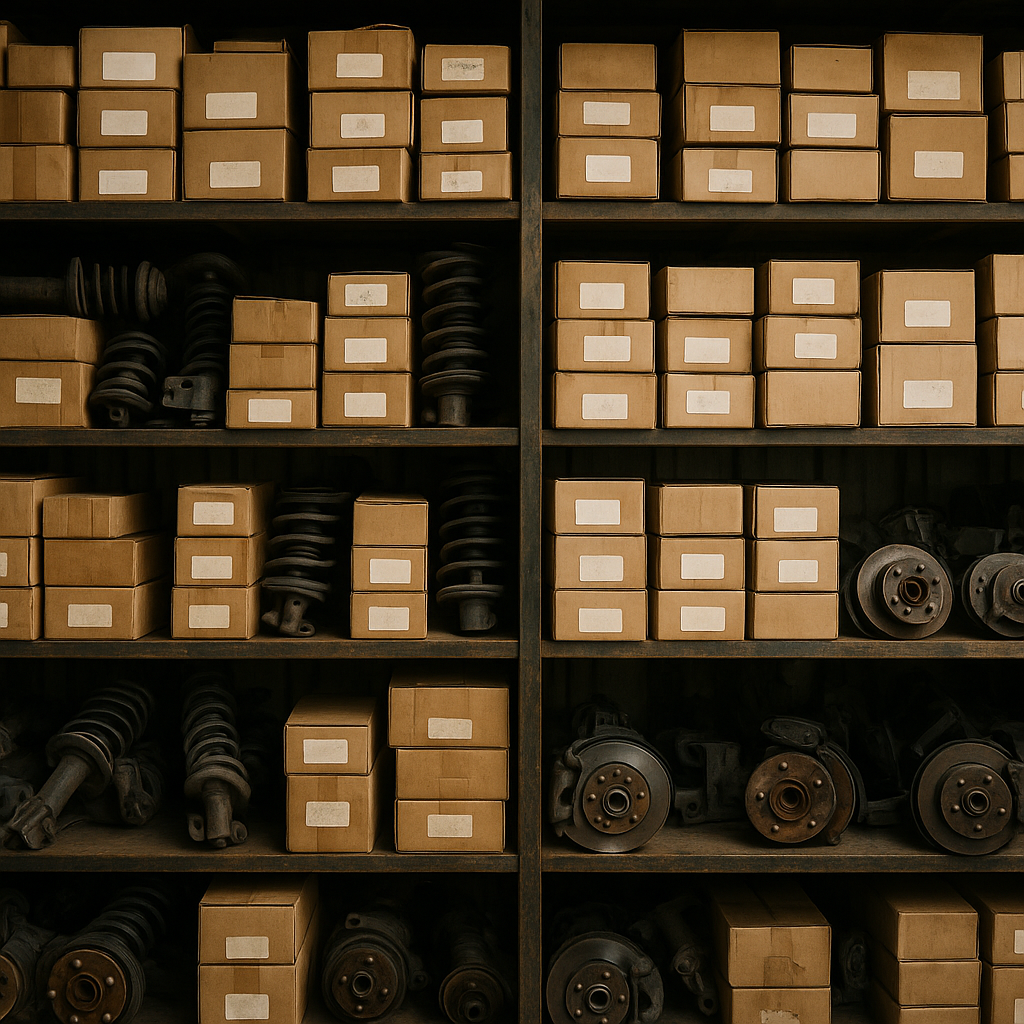 Organised specialist breakers yard storage shelves filled with rare car parts