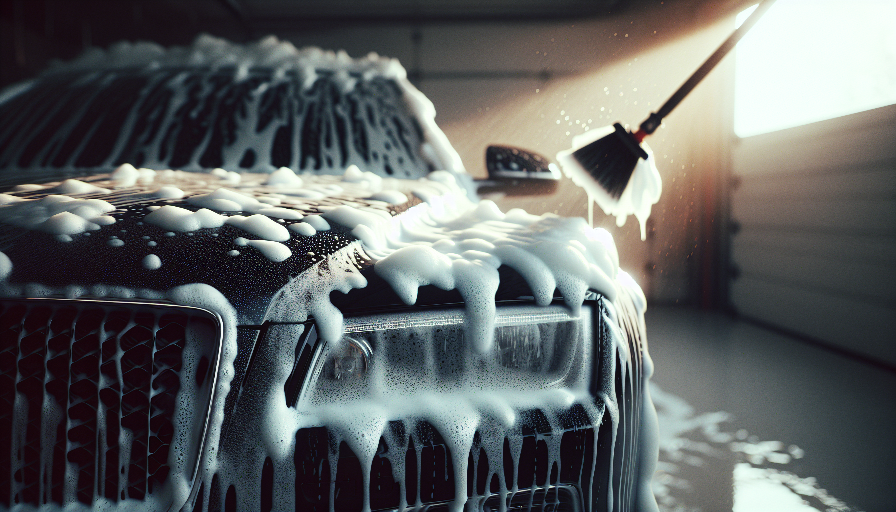 Thick snow foam covering a black saloon car bonnet as part of a home car detailing kit wash stage
