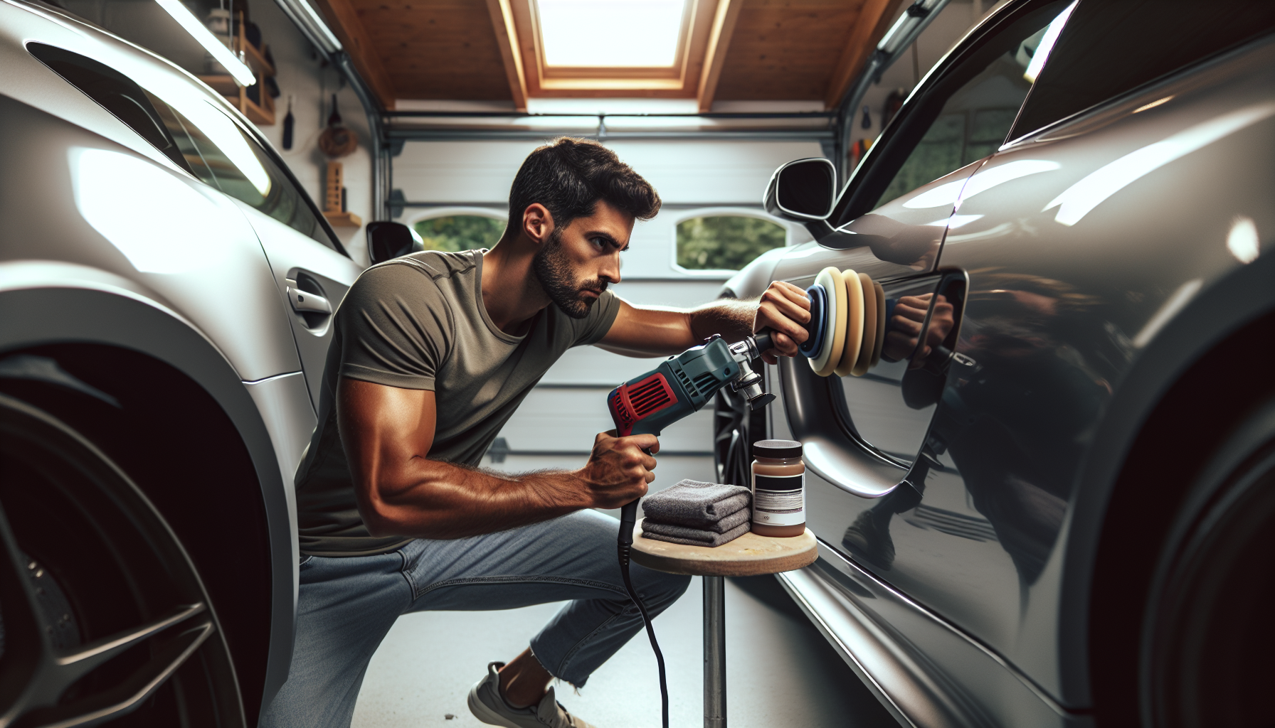 Car enthusiast using a machine polisher on a silver coupe as part of building a complete home car detailing kit