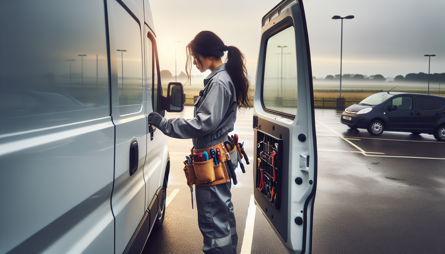 Tradesperson checking van door security to prevent van break-ins in a UK car park