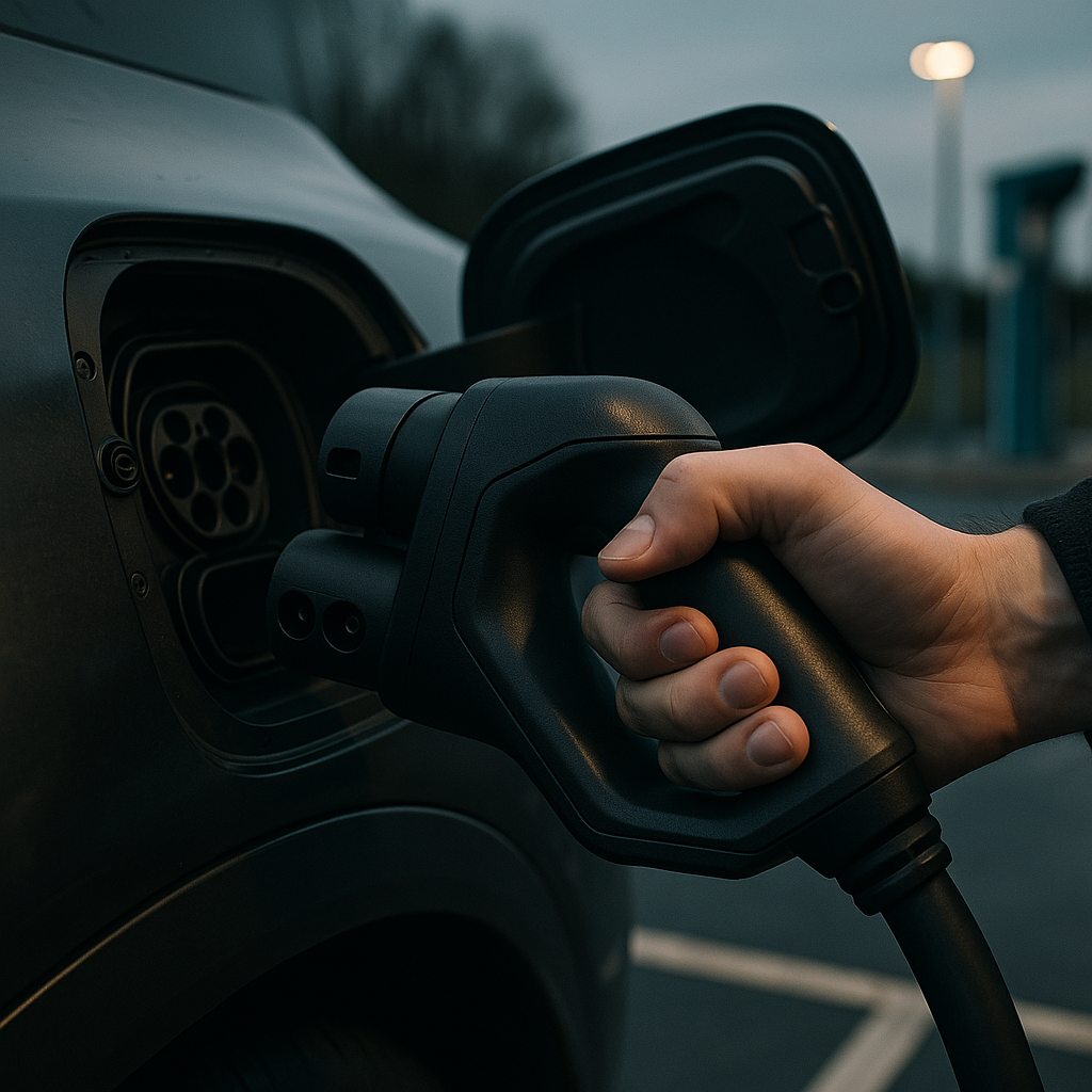 CCS rapid charging connector plugged into a best electric car under 30000 charge port at a UK charging station