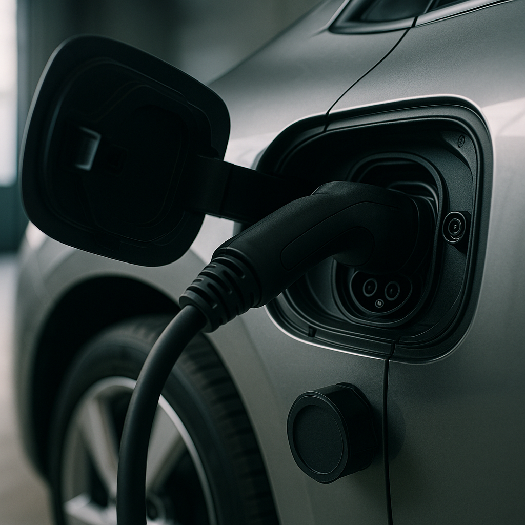 Close-up of bidirectional charging port representing vehicle to grid technology UK 2026 hardware