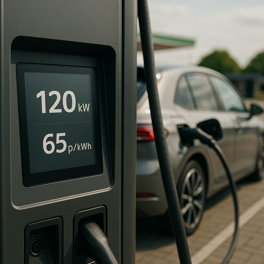 Public rapid charger display showing tariff relevant to cost of running electric car UK 2026