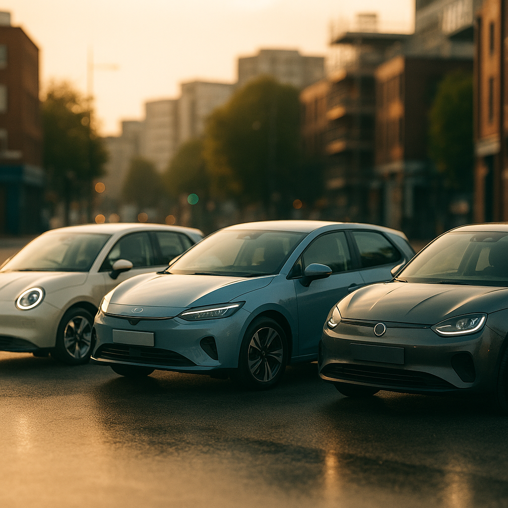 Three of the best electric cars under 30000 parked side by side on a UK street at golden hour