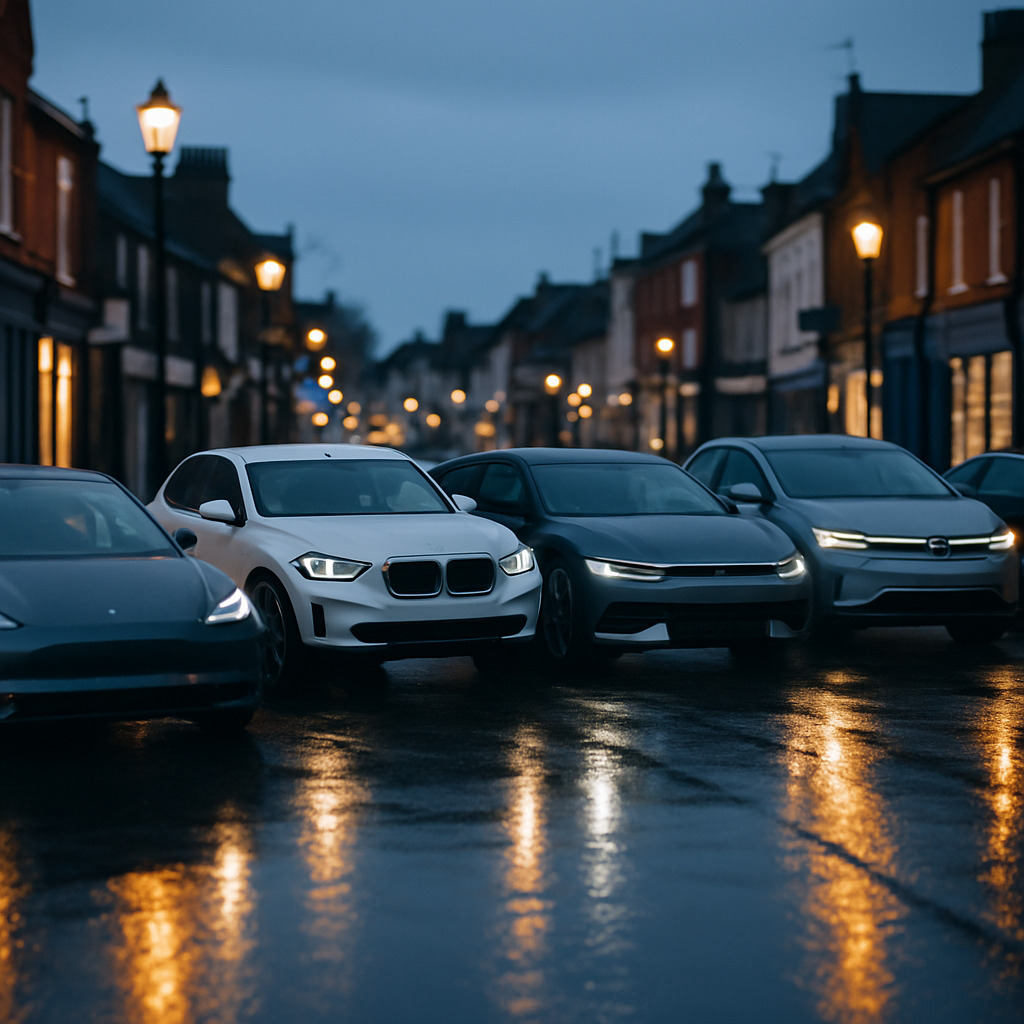 A lineup of the best electric cars under £40,000 UK 2026 parked on a British high street at dusk