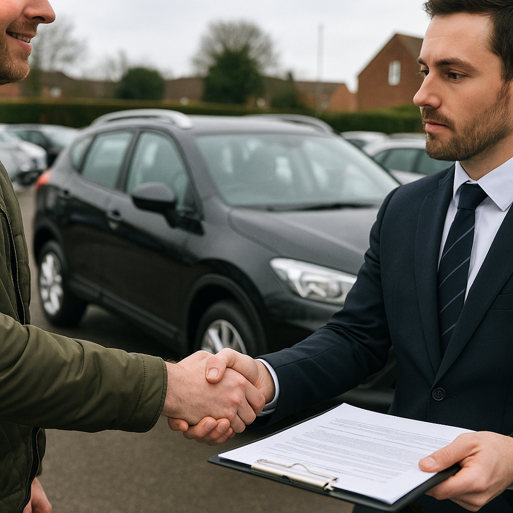 Buyer negotiating a deal in the UK used car market 2026 at a dealership
