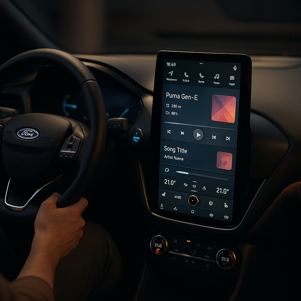 Ford Puma Gen-E interior dashboard and SYNC infotainment as covered in our Ford Puma Gen-E review
