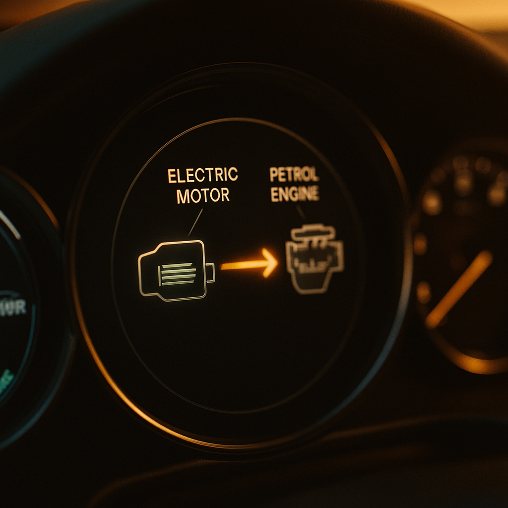 Hybrid car energy flow display on instrument cluster, detail shot relevant to best hybrid cars UK 2026 fuel economy
