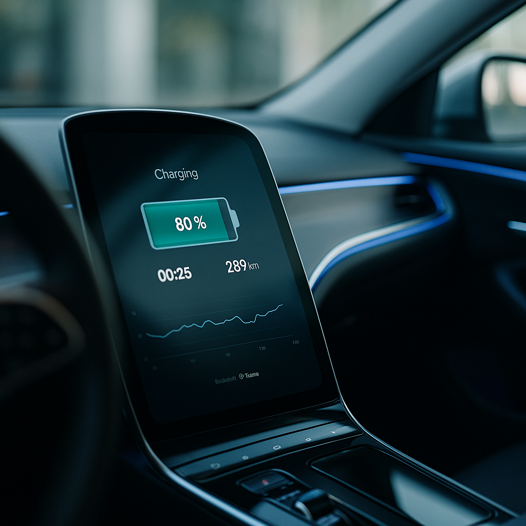 Interior dashboard detail of a top electric car under £40,000 UK 2026 showing charging screen