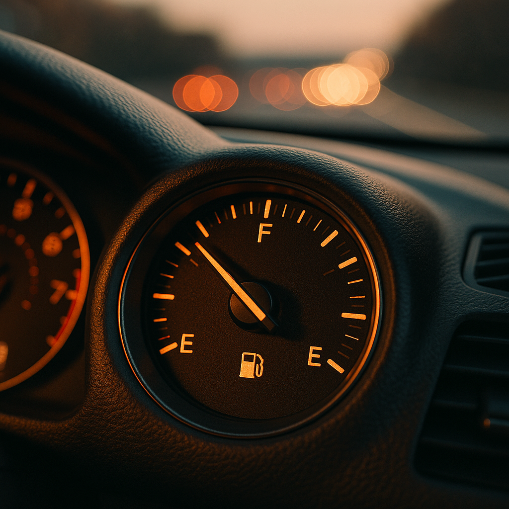 Petrol car fuel gauge close-up relevant to UK petrol car ban 2035 explained