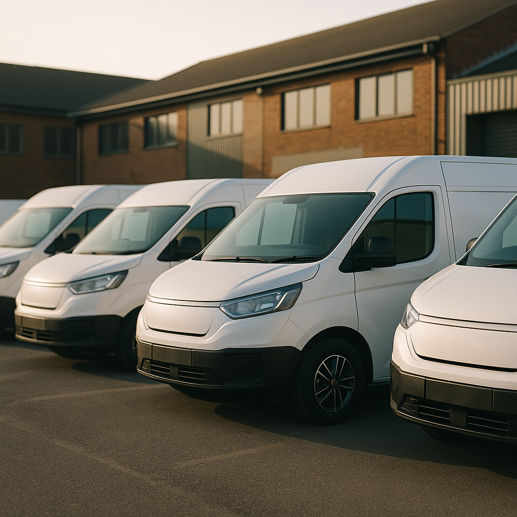 Best electric vans for small businesses lined up at a UK commercial depot in morning light