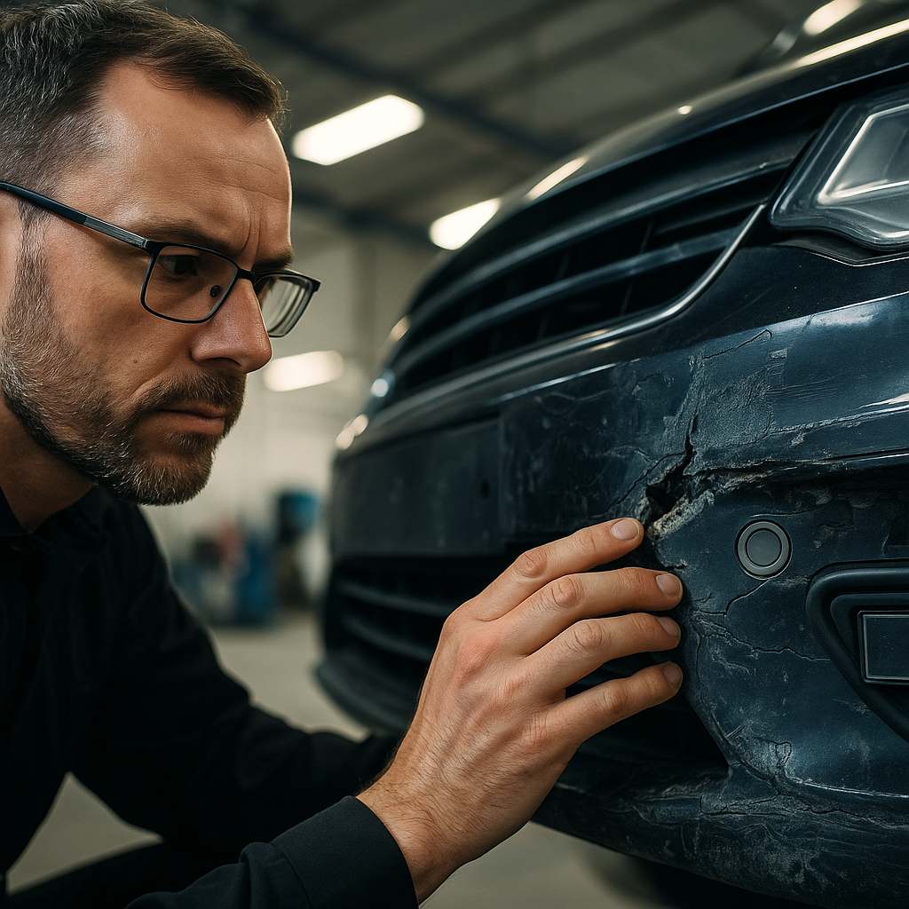 Bodyshop technician inspecting ADAS sensor damage, a key factor driving up UK car insurance costs