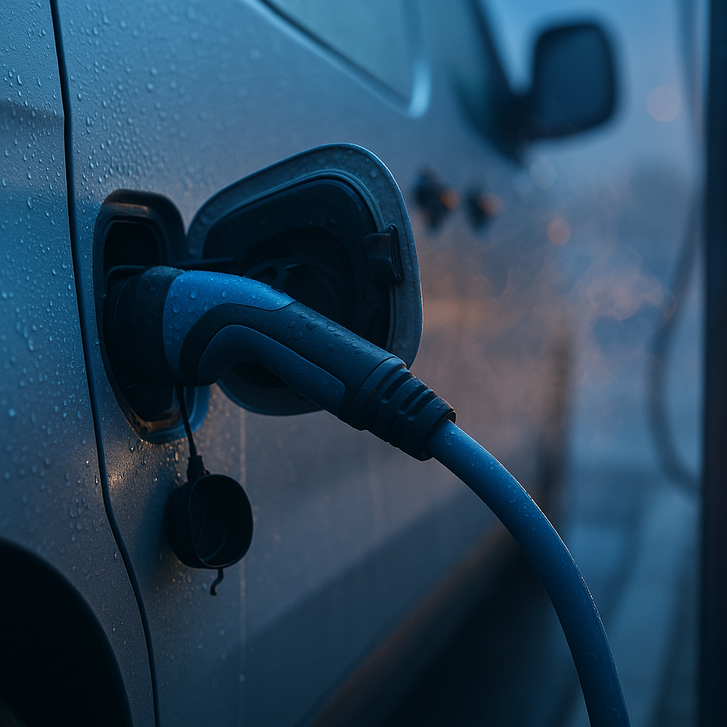 Electric van charging port close-up illustrating rapid charging capability for best electric vans for small businesses