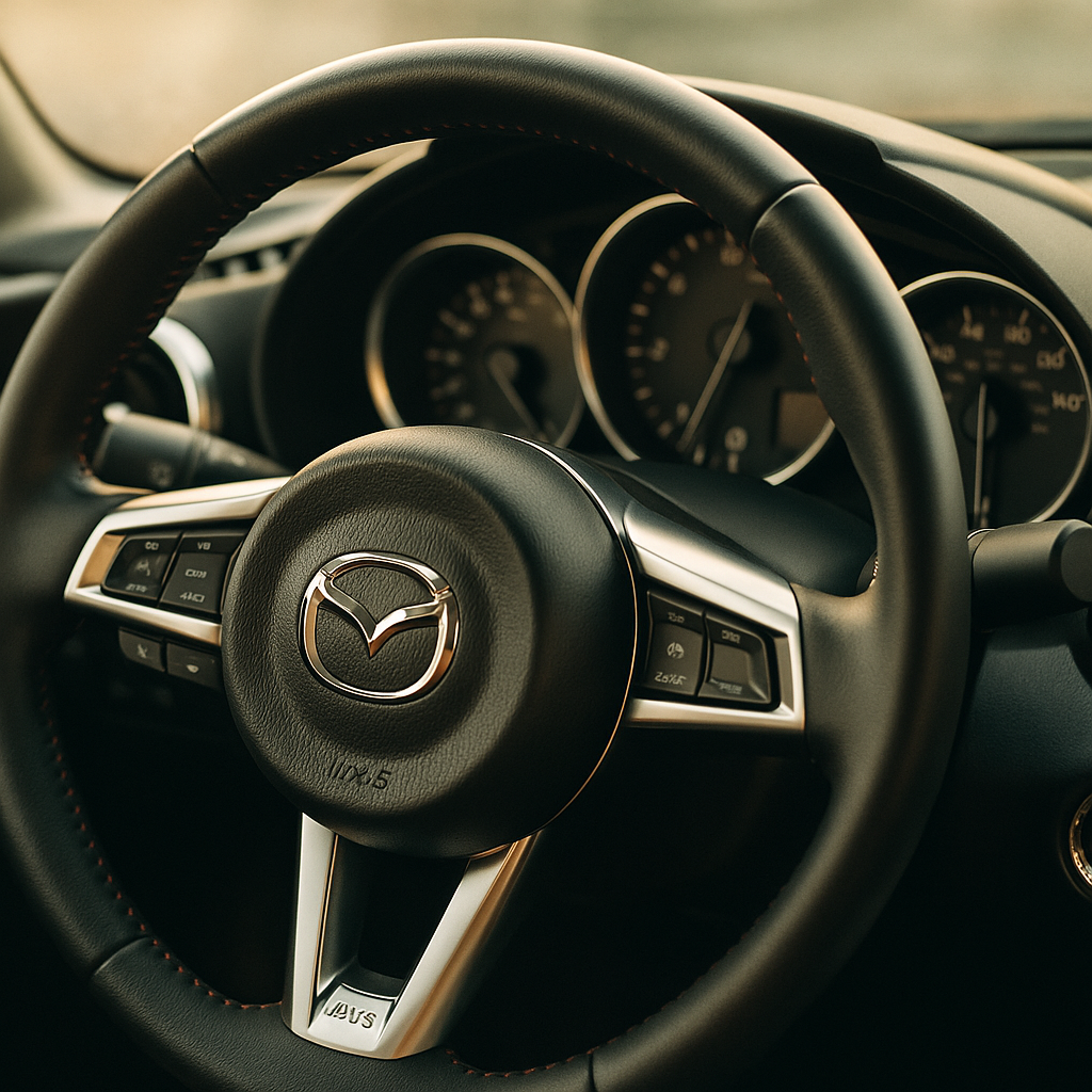 Mazda MX-5 interior steering wheel detail shot highlighting analogue driver focus in Toyota GR86 vs Mazda MX-5 comparison
