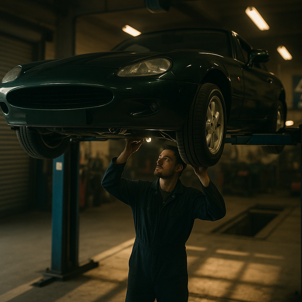 Mechanic inspecting a classic car at a UK MOT testing station, relevant to MOT rule changes 2026 UK