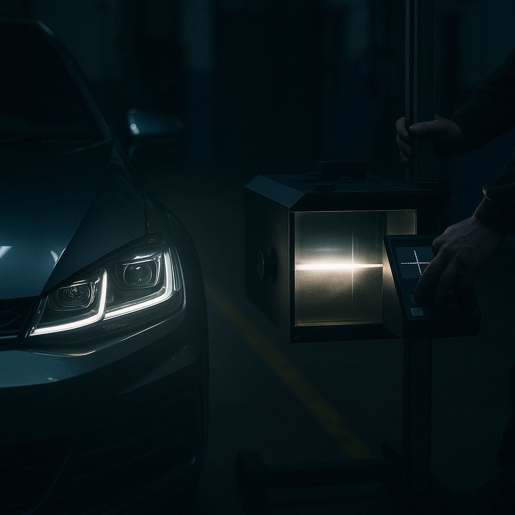 Technician checking modified LED headlamp beam pattern as part of MOT rule changes 2026 UK compliance
