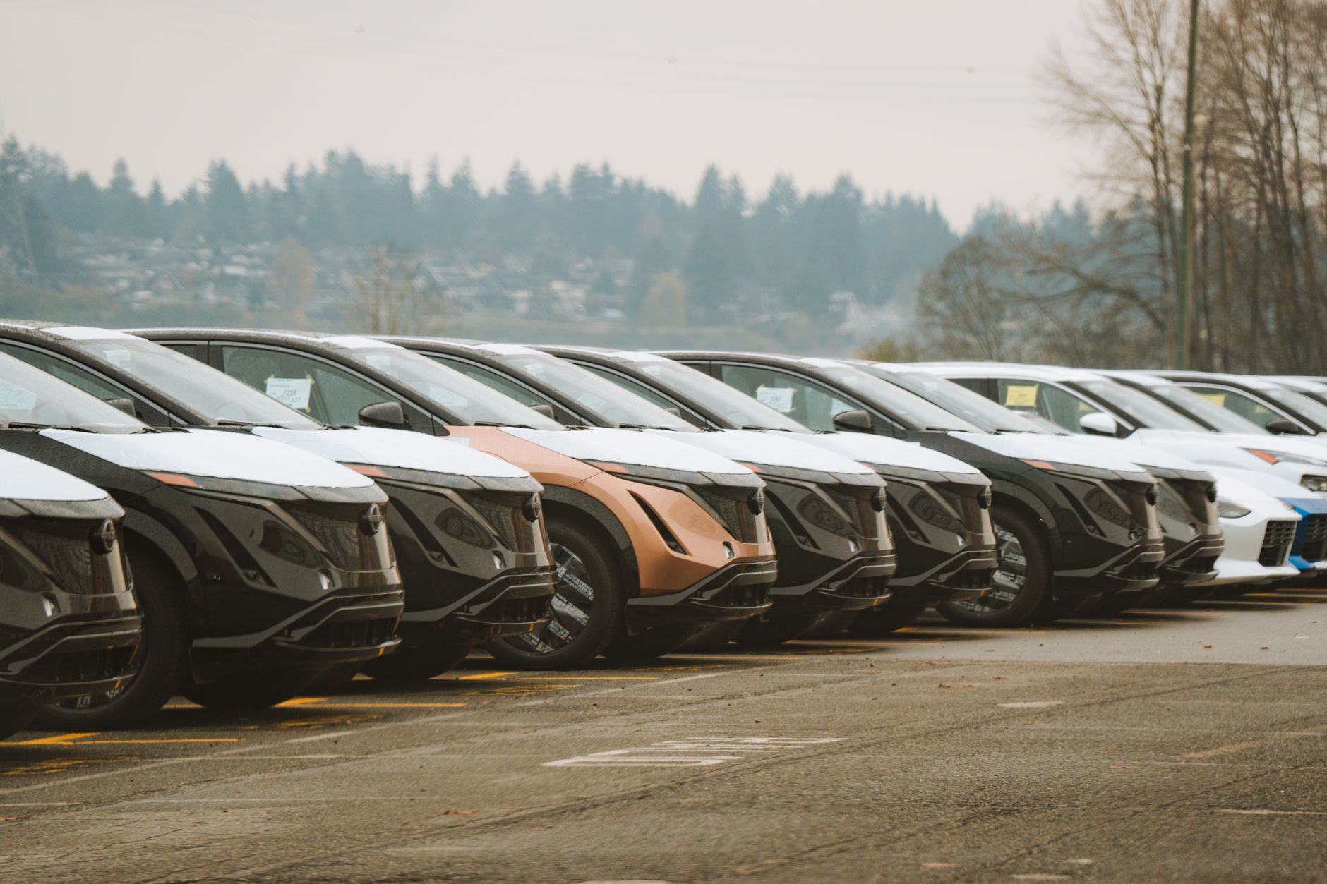 Rows of new cars on a UK dealership forecourt, illustrating new car delivery waiting times in the UK in 2026